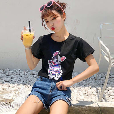 

Women Summer T-Shirt Round Collar Loose Sequins Printed Retro tshirt Short-Sleeved Casual Wild Tops harajuku t shirt women 2019