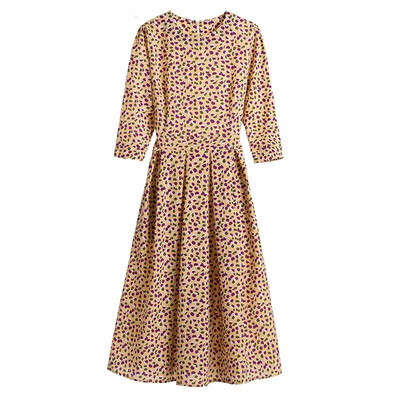 

Fashion Women Elegant Floral Dress 34 Sleeves Pleated High Waist Vintage A-Line Party Casual Midi Dress