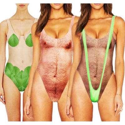 

Sexy Womens Hairy Man One Piece Swimsuit Funny Bathing Summer Monokini Swimwear