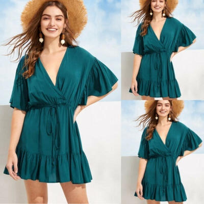 

New Women V Neck Short Sleeve Frill Dress Party Beach Casual Short Mini Sundress