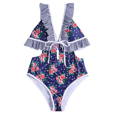

Plunge Neck Backless Padded Flounce Ruffle Tied Floral Print Women Swimsuit