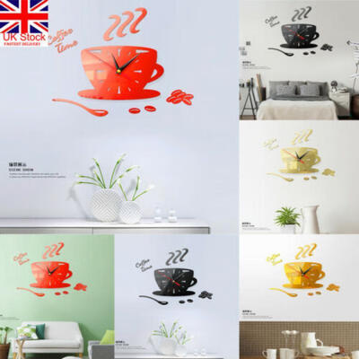 

UK Modern DIY Large Wall Clock Kit 3D Mirror Surface Sticker Home Office Decor