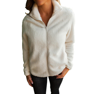 

Womens Long Sleeves Plain Warm Coat Ladies Zipper Loose High Neck Soft Jacket