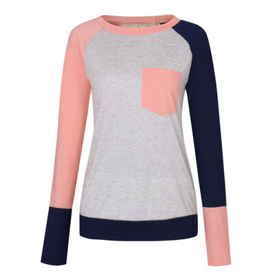 

Female O-Neck Long Sleeve Casual Simple T Shirts Pocket Patchwork Tops Spring Autumn Women Cotton Slim T-Shirts Tees