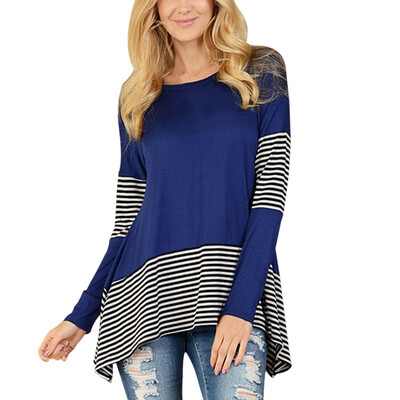 

Casual Long Sleeve T-Shirt Spring Autumn Striped Patchwork Loose Lady Tops Tees