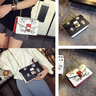 

New Women Bag Messenger Bag Chain Shoulder Bag PU Leather Girls Flower Small Crossbody Bag BlackWhite