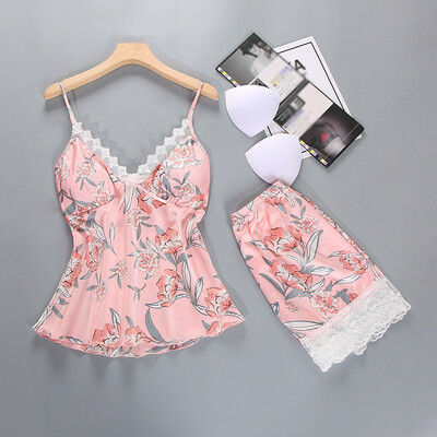 

Women Faux Silk Sleepwear Nightwear Ladies Floral 2Pcs Tops Shorts Pyjamas Set