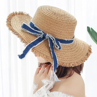 

Women Straw Hat Bowknot Raw Fringe Wide Large Brim Flat Casual Sun Summer Boater Beach Cap