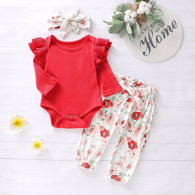 

3PCS Newborn Baby Girls Tops Romper Floral Pants Headband Outfits Set Clothes