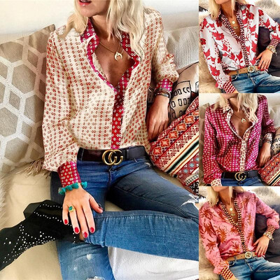 

Cross-border supply hot 2019 autumn&winter fashion print suit collar long-sleeved blouse shirt 101279 Silver