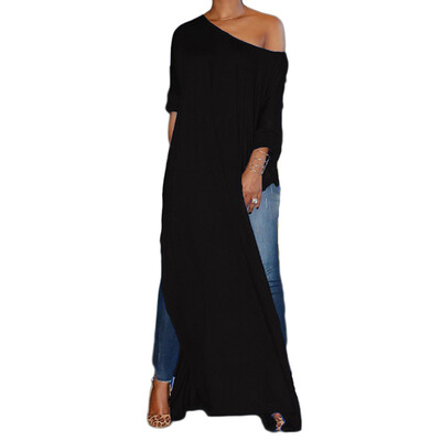 

Women Off The Shoulder Casual High Split Crop Tops Long Maxi Shirt Blouse