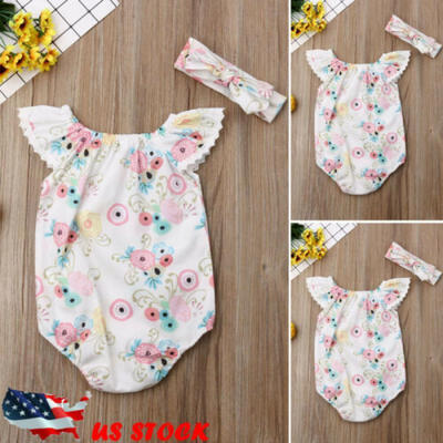 

2PCS Baby Girls Romper Suit Floral Sunsuitheadband Outfits Clothes Set 0-24M