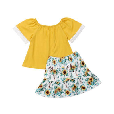 

US Stock Toddler Kid Baby Girls Short Sleeve Tops Floral Skirt Dress Outfits Set