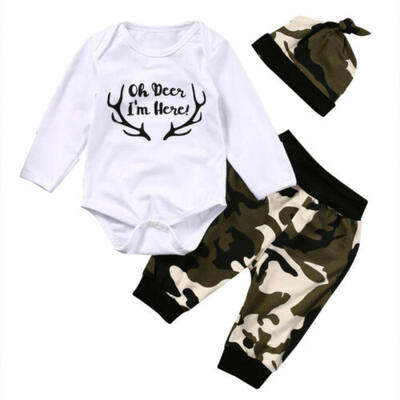 

Camo Newborn Kids Baby Boys Deer Top Romper Harem Pants Hat 3Pcs Outfits Set