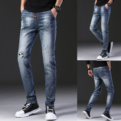 

Gobestart Mens Fashion Casual Denim Straight Hole Trouser Drawstring Jeans Long Pants
