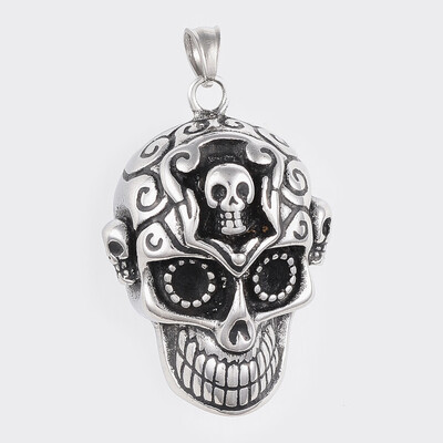 

304 Stainless Steel Pendants Skull Antique Silver 45x31x19mm Hole6x55mm