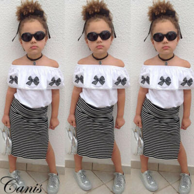 

Toddler Baby Girls Clothes Off Shoulder Tops Stripe Skirts Summer Outfits Sets