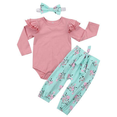 

Baby Girls Infant Floral Outfits Clothes Romper BodysuitLong Pants 3pcs Set