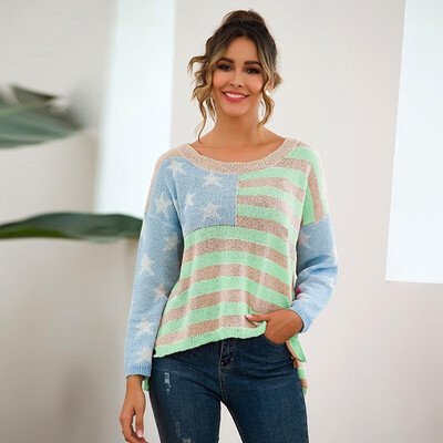 

Women Loose Knitted Pullovers Sweater Stars Stripes Splicing Long Sleeves Oversized American Flags Autumn Winter Knitting Top