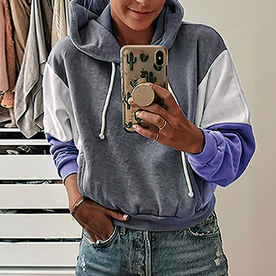 

New Fashion Women Hooded Sweater Casual Printed Stitching Color Long Sleeve Loose Tops Hoodies Coat