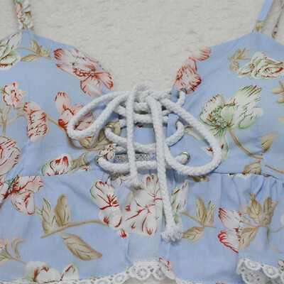 

Women Two Piece Set Crop Top Shorts Floral Print Sleeveless Lace Up High Waist Ruffle Sexy Beach Suit Light Blue