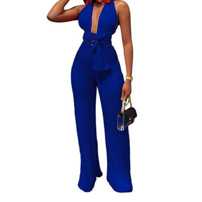 

Starmoon Women Summer Sexy Strap V Neck Solid Waistband Lace-up Long Pants Jumpsuits