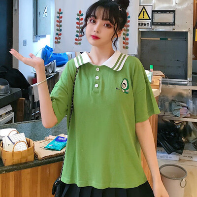 

Womens Turn-down Collar Tee Avocado Embroidery Short Sleeve Buttons Loose Tshirt