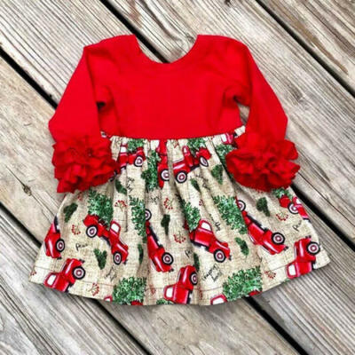 

Lovely Toddler Kids Baby Girl Xmas Car Printed Party Dress Christmas Clothes Set