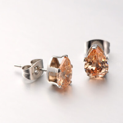 

304 Stainless Steel Pave Cubic Zirconia Ear Studs Drop Stainless Steel Color PeachPuff 10x8x5mm Pin 07mm