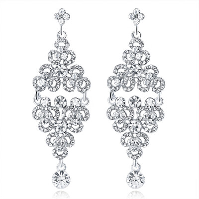 

Fashion Silver Color Crystal Long Earrings Floral Shape Chandelier Earrings for Women Gifts