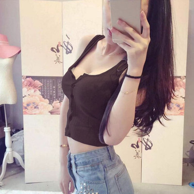 

Women Summer Sexy Round Neck Sleeveless Slim Button Solid Color Camisole T-Shirt Short Knit Vest