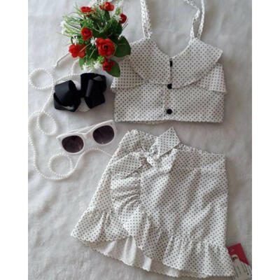 

2pcs Newborn Baby Girls Polka Dot Strappy Tops Ruffle Skirt Dress Outfits Sets