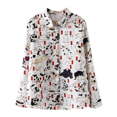 

Korean Chic Floral Printing Short Sleeve Blouse Women Summer Cat Printed Shirt Tops Female Casual Loose Blusas