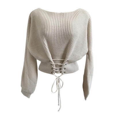 

Autumn Lace Up Women Knitted Sweaters Pullovers Solid Waist Bandage Tops