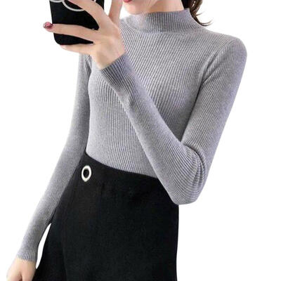

Autumn Women Knitted Base Shirt Half High Collar Slim Solid Color Bottoming