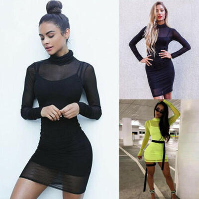 

Sexy Women Lady 2 Pcs Set Nightclub Mesh Sheer Long Sleeve Bodycon Slinky Dress