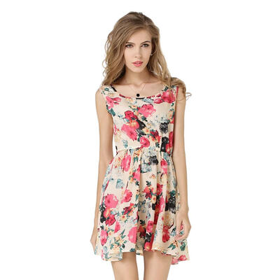 

Summer Floral Print Dress Women Sleeveless O-Neck Chiffon Beach Vest Dress