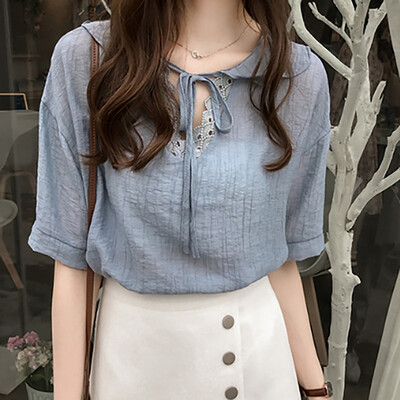 

Womens Simple Tops Casual V Neck Solid Color Short Sleeve Lace Up Cotton & Linen T-Shirt Linen Short Sleeve T-Shirt