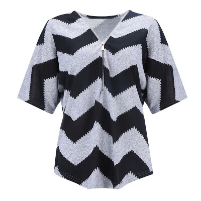 

Summer Womens T-Shirt Retro V Neck Geometric Print Zipper Short Batwing Sleeve Striped Printed T-shirt Femme Plus Size Tops