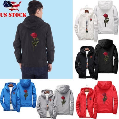 

New Men&39s Unisex Couple Rose Embroidery Casual Jacket Hooded Coat Zipper Up Overcoat