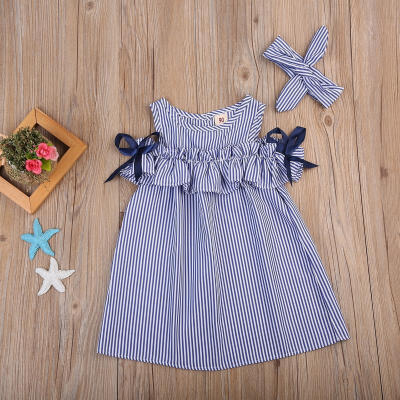 

Toddler Baby Kid Girl Off Shoulder Dress Botton Up Striped Cotton DressHeadband