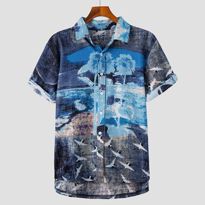 

Tailored Mens Ethnic Printed Stand Collar Colorful Stripe Short Sleeve Loose Shirt