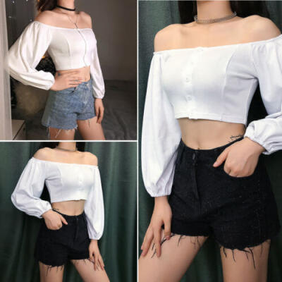 

Women Off Shoulder Blouse Sexy Strapless Top Ladies Buttons Crop Tops Vest Shirt