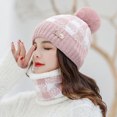 

Hat womens winter wool hat plus velvet knitted hat warm ear guard neck set two-piece set of wool ball hat cute hat