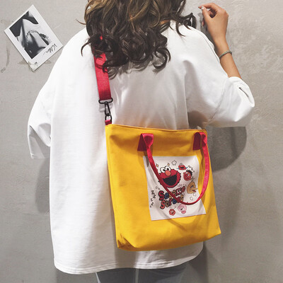 

Tote bag female 2019 new Korean casual wild canvas bag shoulder bag Sesame Street student Messenger bag