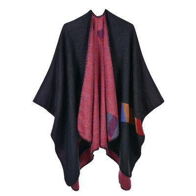 

Women Poncho Cardigan Sweater Contrast Color Block Geometry Cashmere Capes Shawl Scarf Outerwear