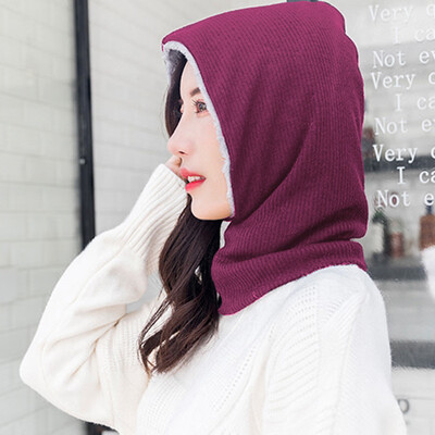 

Winter Outdoor Sports Men Women Hood Snood Fleece Lined Solid Color Unisex Dual-Use Mask Hooded Scarf Neck Warmer Cap