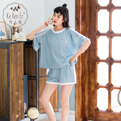 

Can be childrens summer knitted cotton couple pajamas Korean version of the loose female thin section home service mens sports short-sleeved suit blue female models
