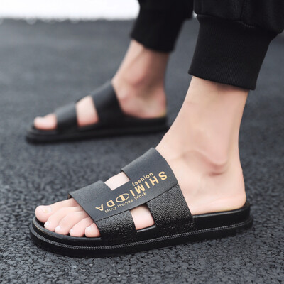 

Korean version of the 2019 new slippers mens net red personality word sandals summer outdoor mens sandals outside wearing beach shoes