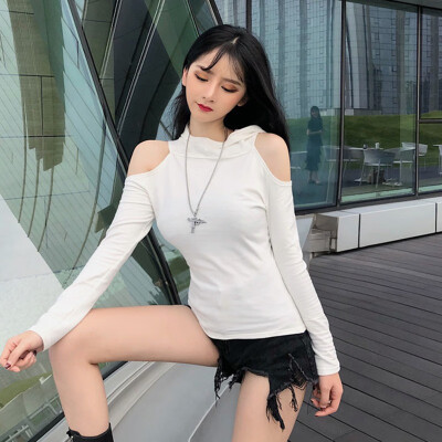 

Korean Solid Color Fashion Sexy Strapless Top Hooded Long-sleeved T-shirt